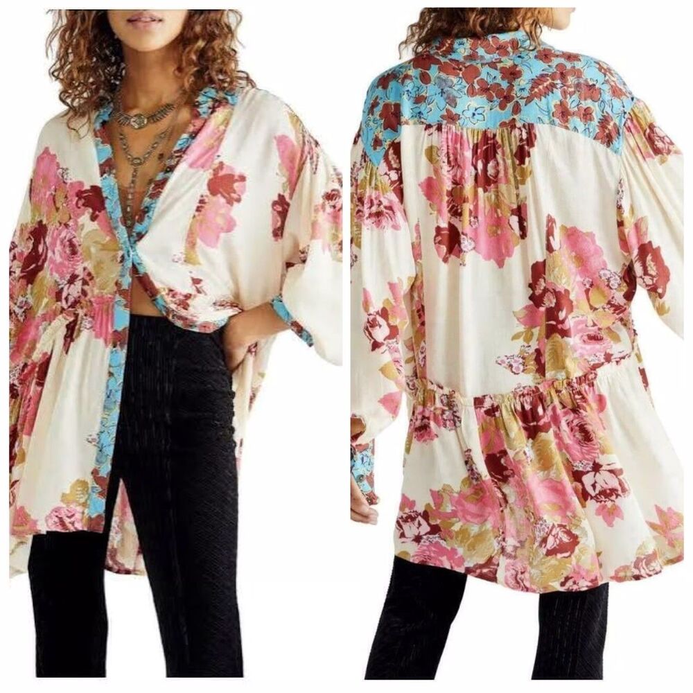 Free People Brunch A Bunch Boho Tunic Shirt in Light Combo Oversized Size XS